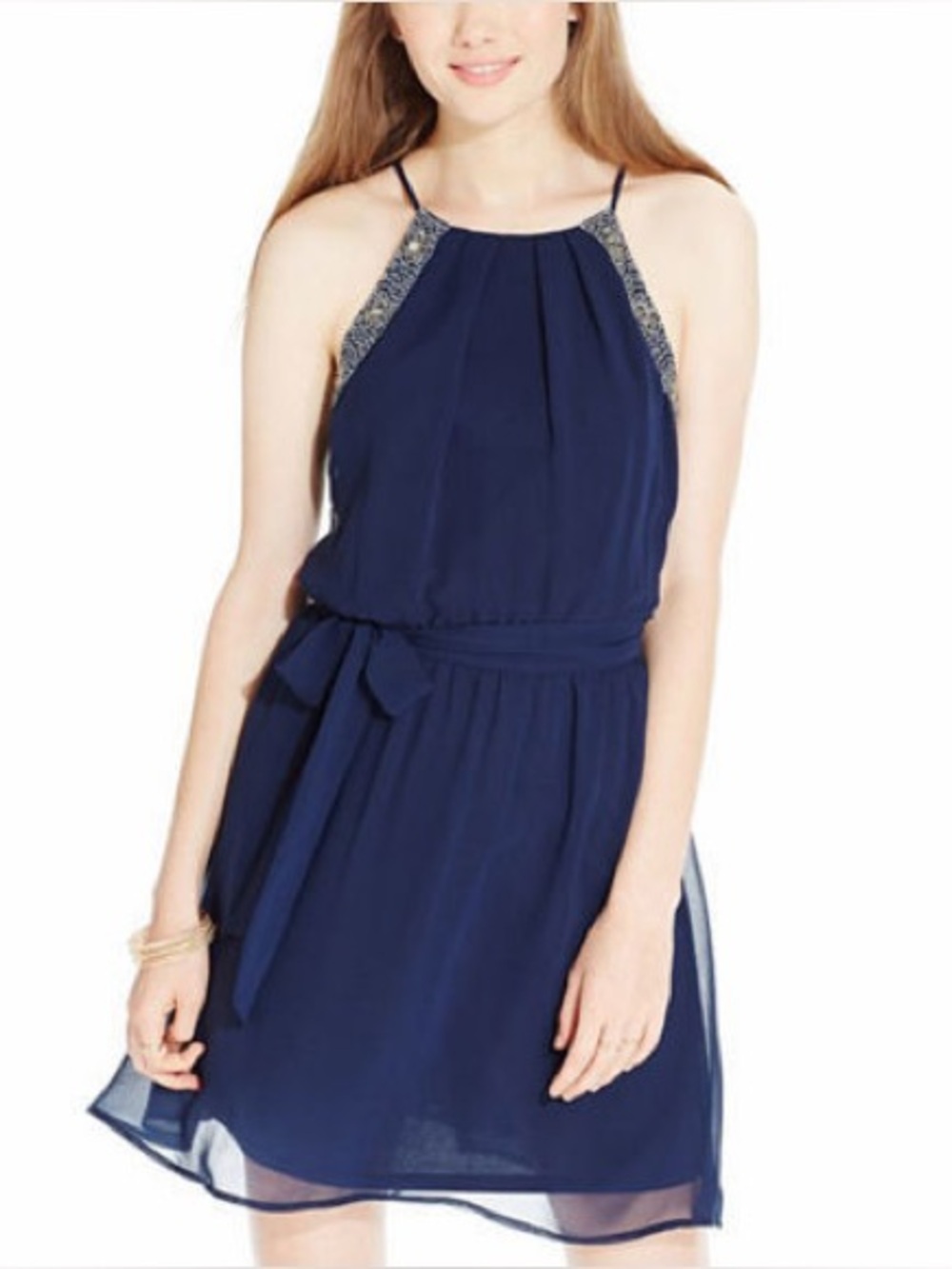 Teeze Me Navy Blue Beaded Studded Chiffon Fit & Flare High Neck Mini Dress Med